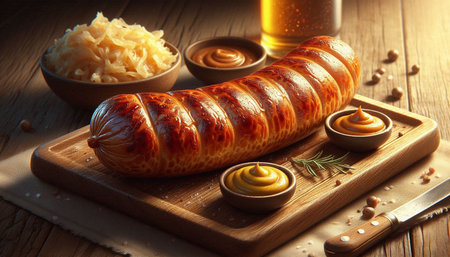 Grilled sausage with mustard and sauerkraut on wooden tableの写真素材