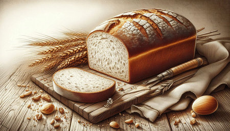 Fresh bread and wheat on wooden table. Vintage style toned picture