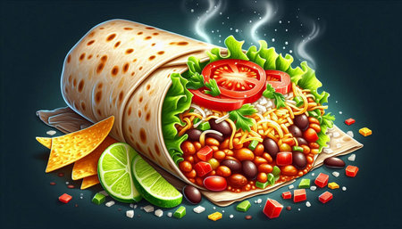 Mexican burrito with meat, beans, tomato, cheese and vegetables. Vector illustrationの写真素材