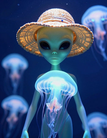 Jellyfish in the deep blue sea, closeup of photo