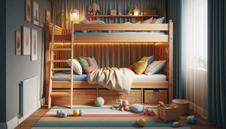 3d render of children's room with wooden bunk beds and toys