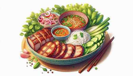 Illustration of Noodle Soup with Pork and Vegetables on White Background