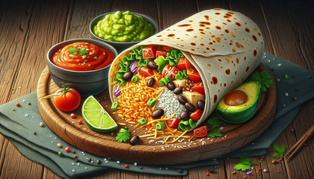 Mexican burrito with guacamole and ingredients on wooden backgroundの写真素材