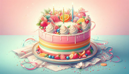 birthday cake with candles, fruits and ribbons on blue background