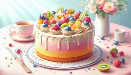 Birthday cake with fruits and berries on pink background. 3d illustration