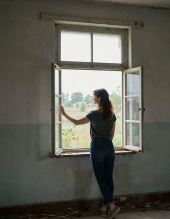 Young woman looking out the window of an old abandoned house in the countryside