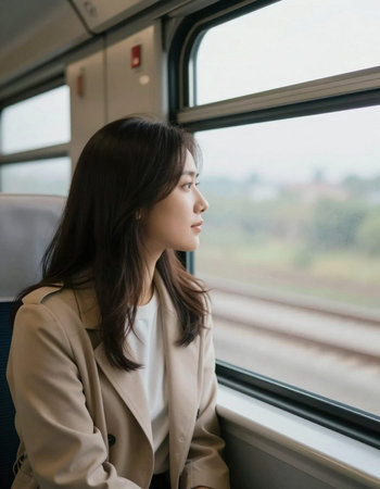 young asian woman traveling by train, looking through window, side view