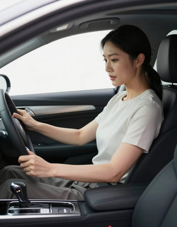 Woman driving a car and looking at the steering wheel, side view
