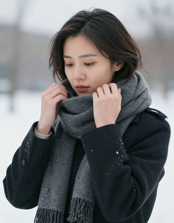 Portrait of a beautiful young asian woman in winter outdoor.