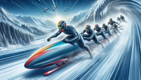 3D rendering of a bobsled team racing down a track.
