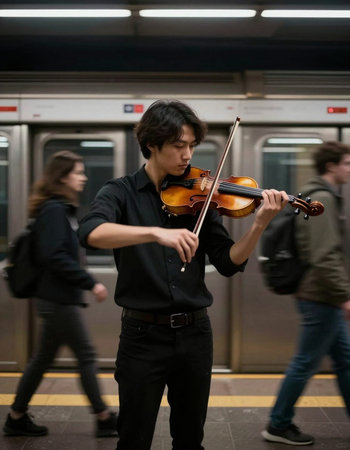 Young man playing violin in subway train. Focus on the violin.