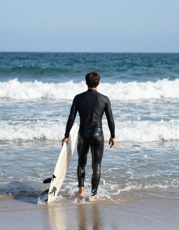 Surfer with his surfboard at the beach in a sunny day