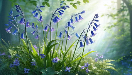 Bluebells in spring forest with sunbeams, 3d renderの写真素材