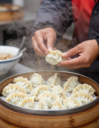 Chinese steamed dumplings in bamboo steamer on street food market
