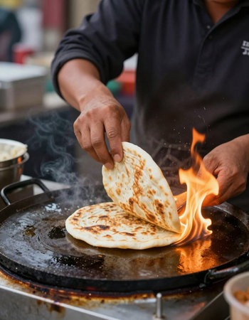 Pancakes being cooked on a hot pan in a street restaurantの写真素材