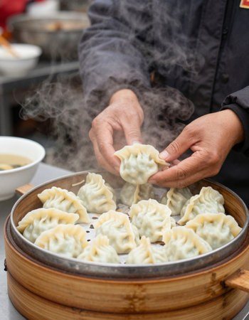 Chinese steamed dumplings in a restaurant, close-up