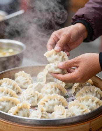 Steamed dumplings in a street food market, China.