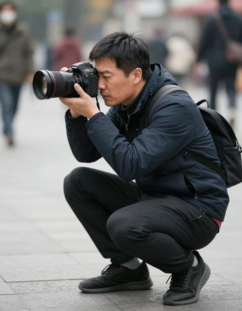 Male photographer with camera in the city. Shallow depth of field.