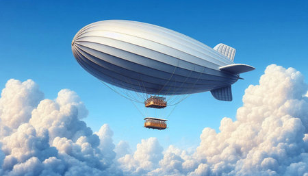 Airship in the blue sky. 3D rendering. Vintage style.
