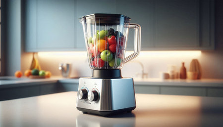 Blender with fresh fruits and vegetables on table in kitchen, closeup