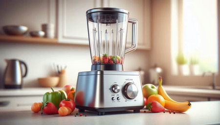 Blender with fresh fruits and vegetables on table in kitchen. Food preparation