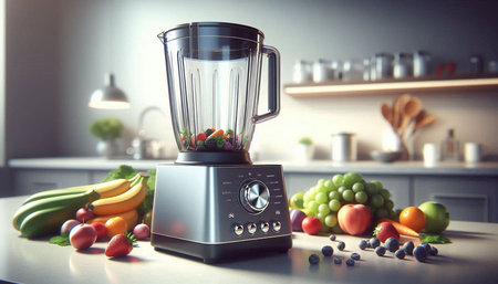 Blender with fresh fruits and vegetables on table in kitchen. Healthy food
