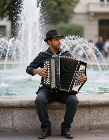 Handsome street musician with accordion sitting on the fountain.
