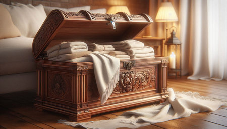 Wooden chest with towels on floor in room, 3d renderingの写真素材