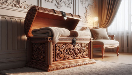 Wooden casket in a classic interior. 3d rendering.
