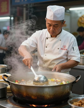 Chef cooking in a hot pot at a restaurant in Hong Kong