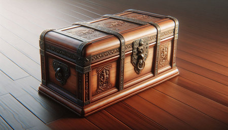 Wooden treasure chest on the wooden floor. 3d illustration.の写真素材
