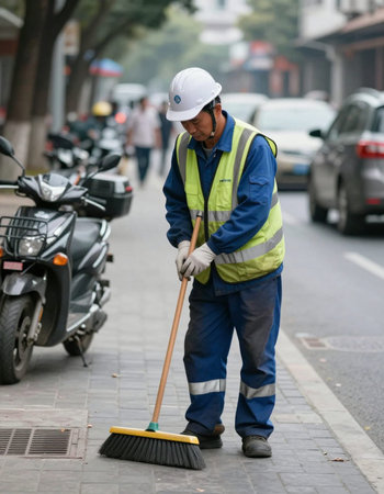 Unidentified worker cleaning the street.の写真素材