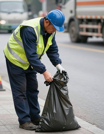 Worker with a garbage bag on the street of the city.