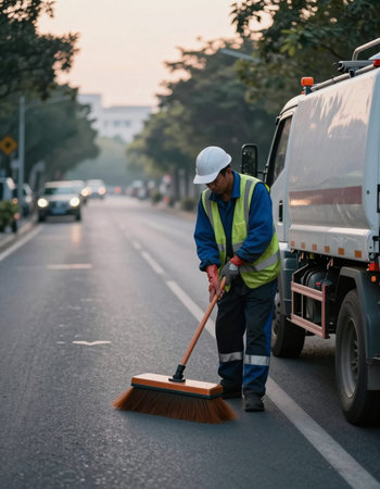 Worker cleaning the street with a broom and a truck in the background