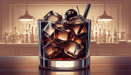Cocktail on the rocks with ice cubes. 3d illustration