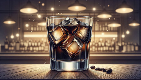 Whiskey with ice cubes on wooden table. 3D rendering