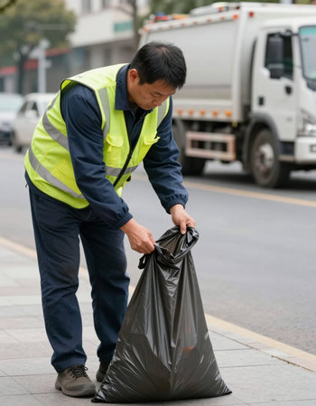 asian male worker cleaning street with garbage bag in front of truck