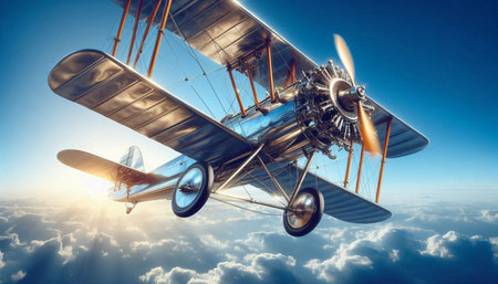 Old airplane flying high in the blue sky. 3d rendering.