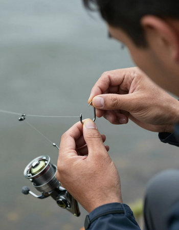 Fisherman holding a fishing rod and reel on the river bank