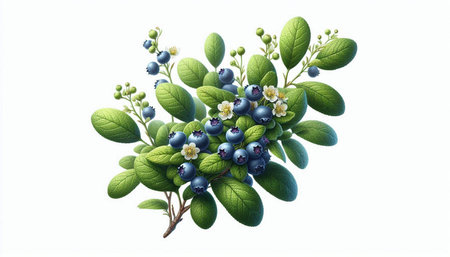 Blueberry branch with leaves and flowers isolated on white background. 3d illustrationの写真素材