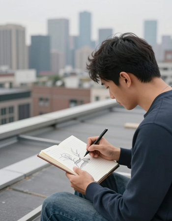 Young man writing in notebook at rooftop with city view in the background