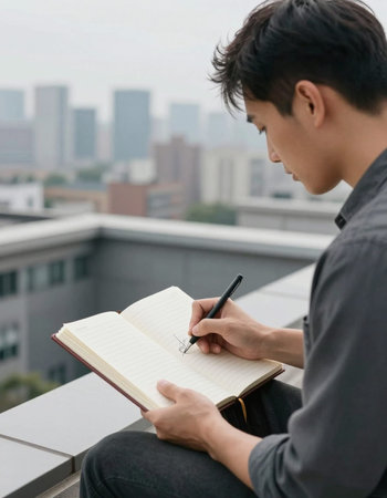 young asian man writing in notebook on balcony with cityscape background