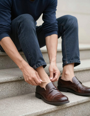Close up of man tying shoelace on his brown shoes.
