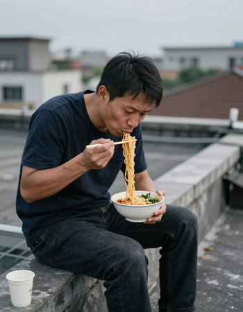 asian man eating noodle on the roof of the house.