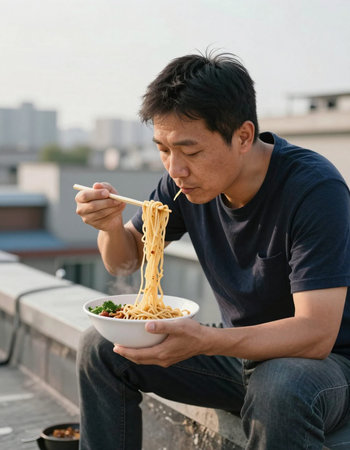 asian man eating noodle with chopsticks in the city.