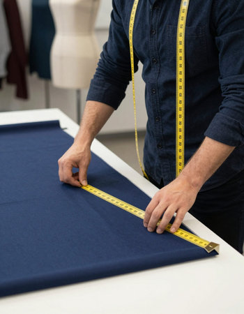 Midsection of male fashion designer measuring fabric on table in studio at work