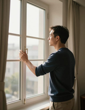 Young man standing by the window and looking out the window, side viewの写真素材