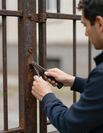 Cropped image of a young man opening a rusty metal gate.