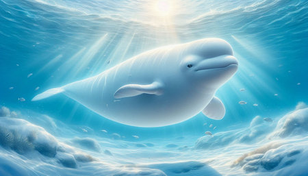 Cute white whale floating in the ocean. 3d illustration.の写真素材