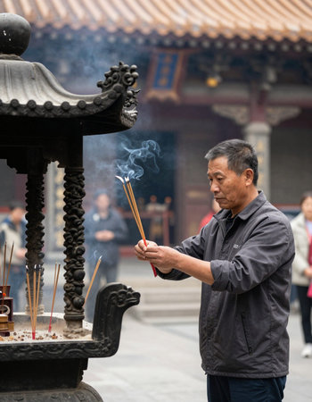 Chinese man lighting incense sticks in the Forbidden City.の写真素材